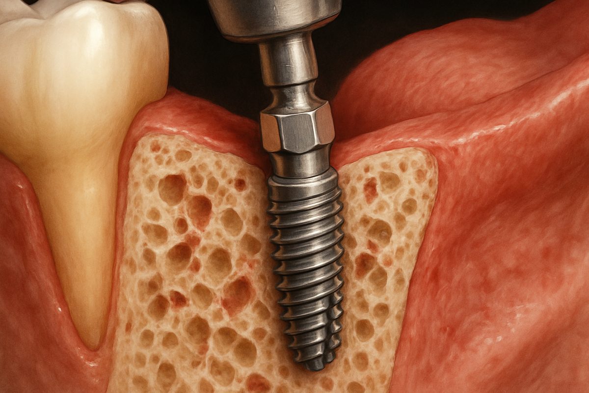 Image showing a close-up of a dental implant being placed in a patient's jawbone, with emphasis on the surrounding bone and tissue. No text on the image.