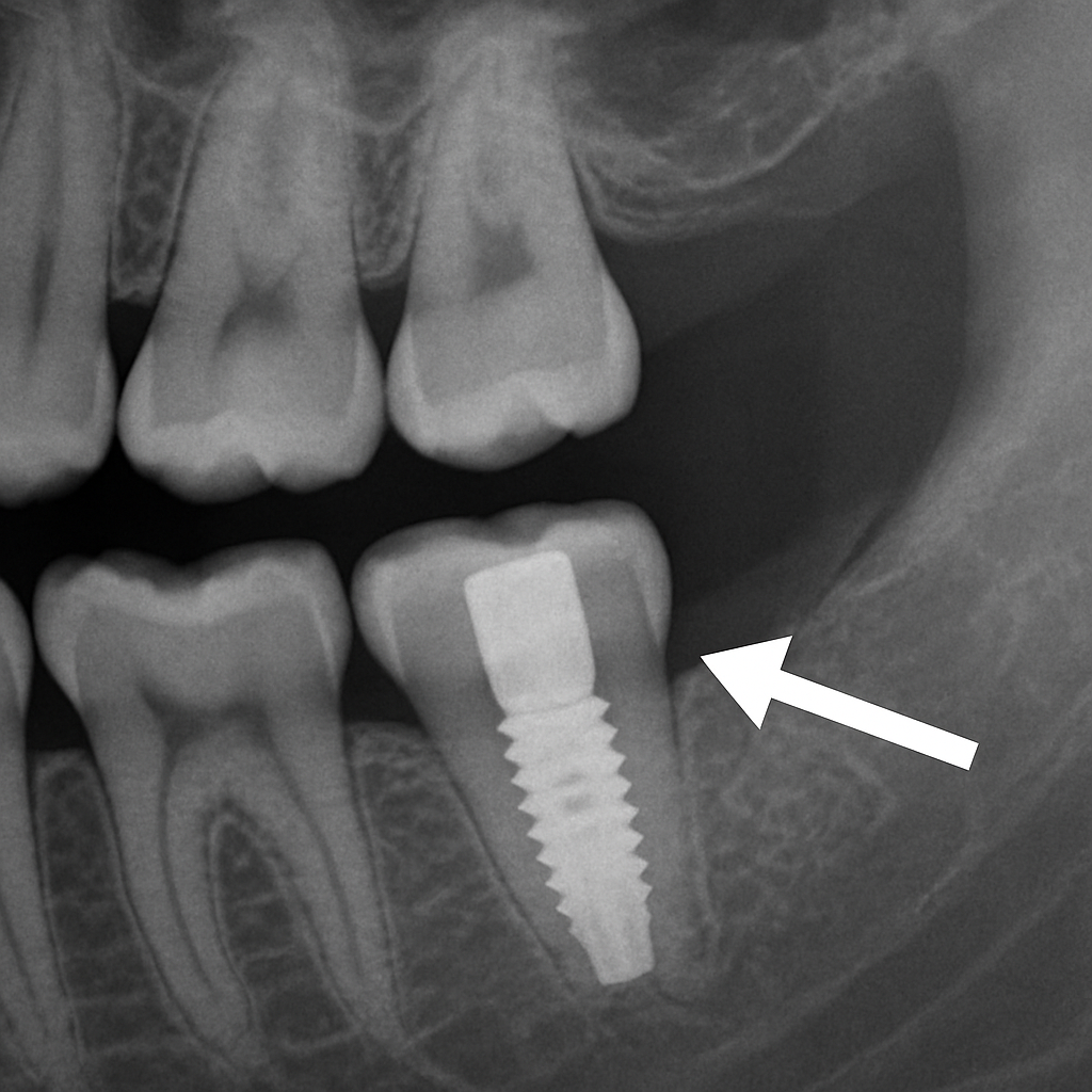 An x-ray image with an arrow pointing to a visible dental implant in a patient's mouth, seamlessly integrated with surrounding teeth. No text on image.