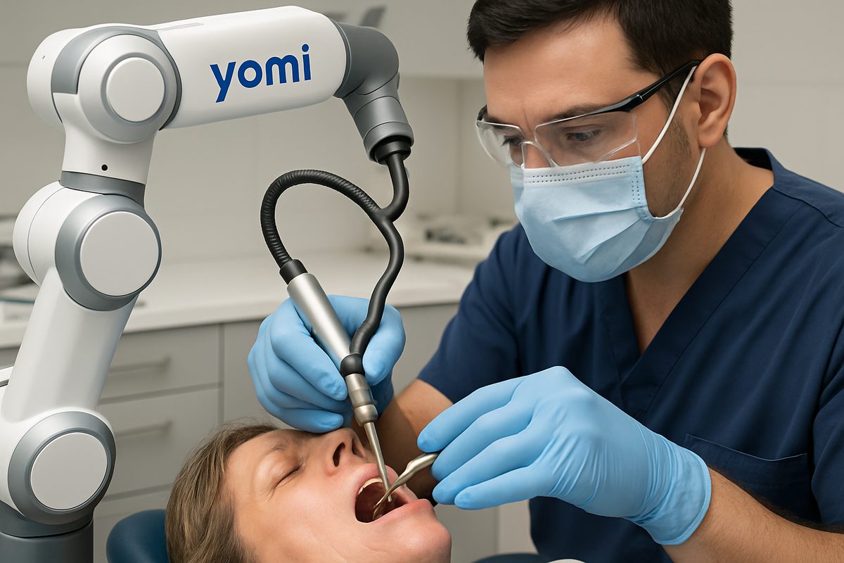 A dentist is using the YOMI robot to precisely place a dental implant in a patient's mouth. The robot arm is gently guiding the dentist's hand, ensuring accurate placement. No text on image.