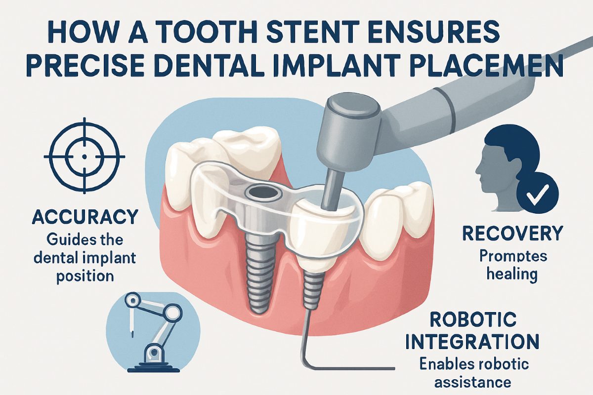 Close up image of a dentist using a tooth stent to guide the placement of a dental implant into a patient's jaw, showcasing the precision and accuracy of the procedure. No text on the image.