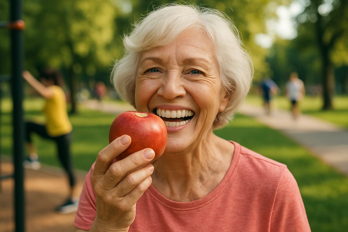 Photo of a smiling senior woman with a full set of teeth implants, confidently eating an apple. The background shows a vibrant, active lifestyle, suggesting renewed confidence and enjoyment of life. No text on image.