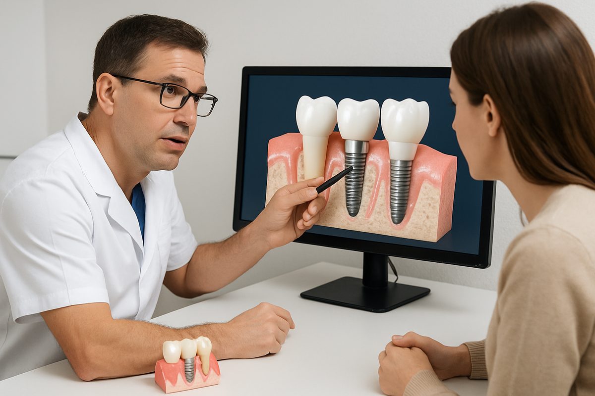 A dentist is consulting with a patient about "oral surgery and implant" options while pointing to a 3D model of dental implants on a computer screen. No text on the image.