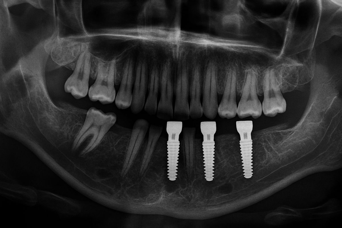 A close-up x-ray of a jaw with dental implants, highlighting potential areas of concern such as nerve proximity, bone density, and implant integration. No text on image.