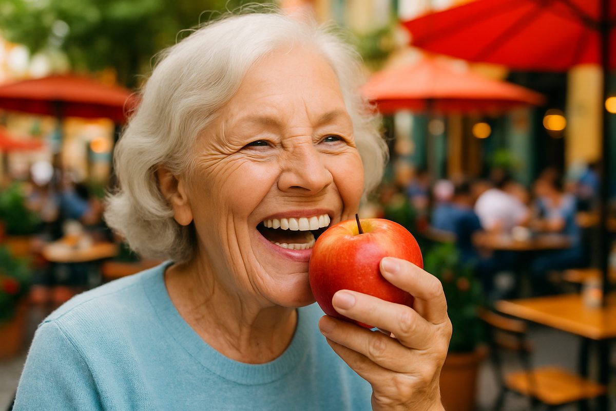 A smiling senior woman with a full upper dental implant confidently eating an apple. The background is a vibrant outdoor cafe scene. No text on image.