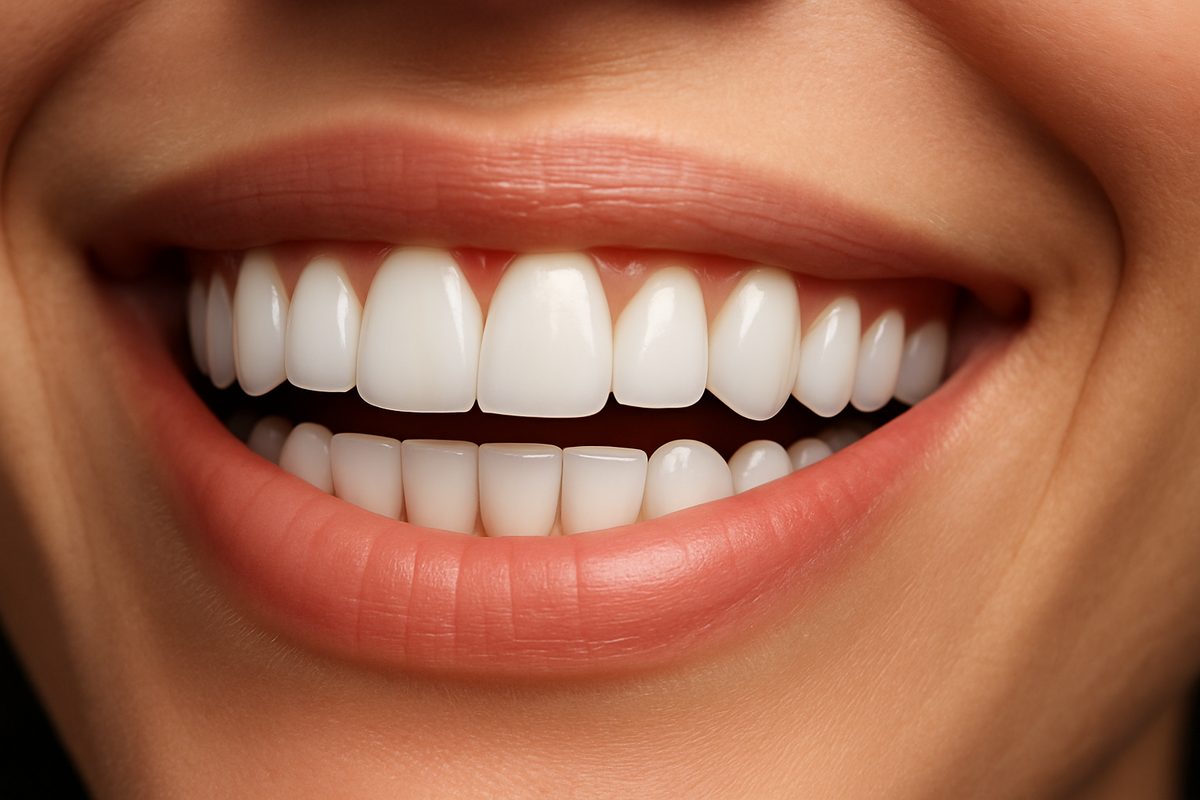Close up studio shot of a perfect set of white teeth in a smiling mouth. No text on image.