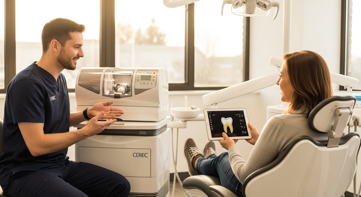 Dentist crafting a CEREC crown in a modern dental office.
