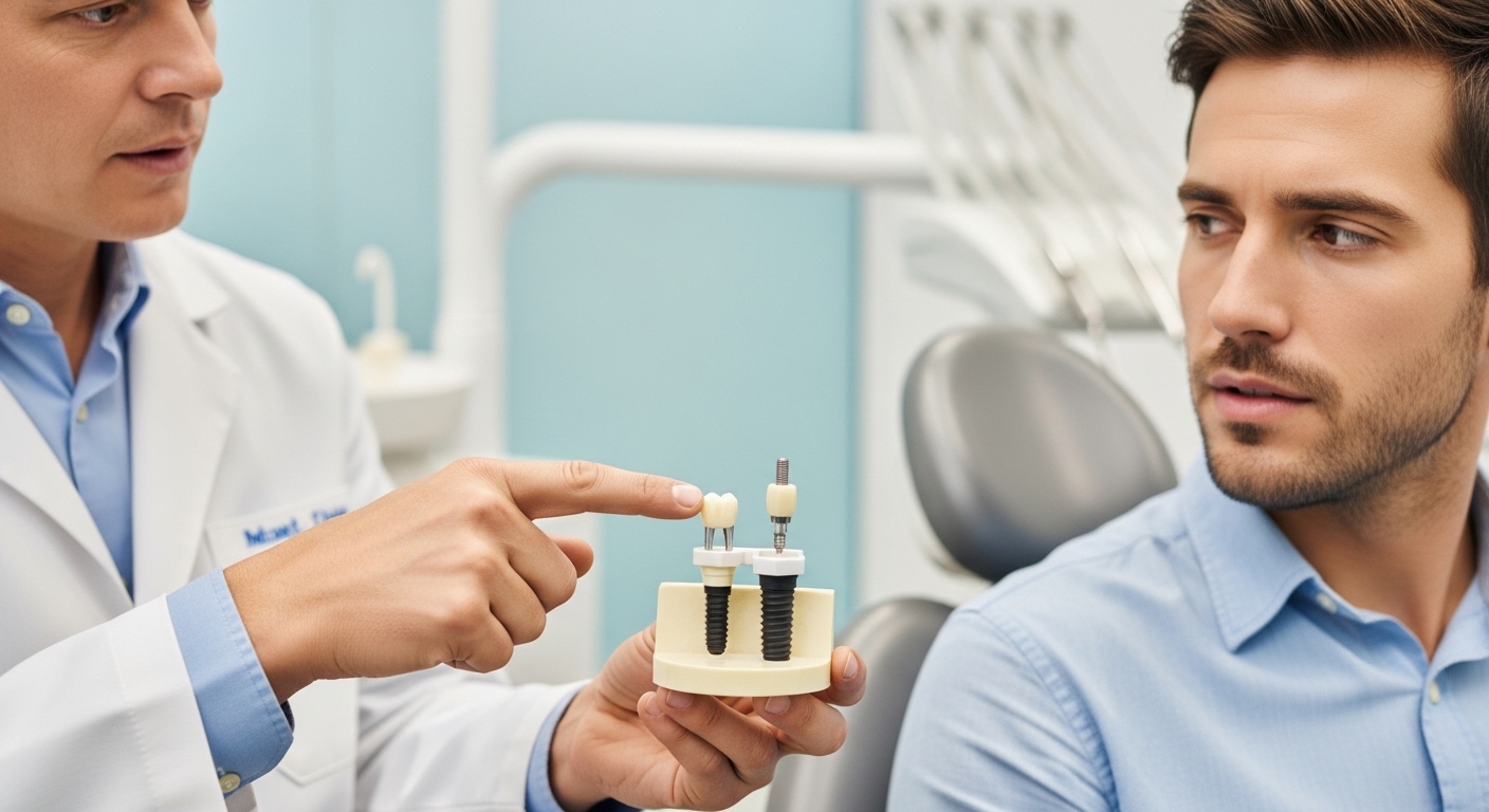 Dentist explaining dental implant abutments to a patient using a dental model