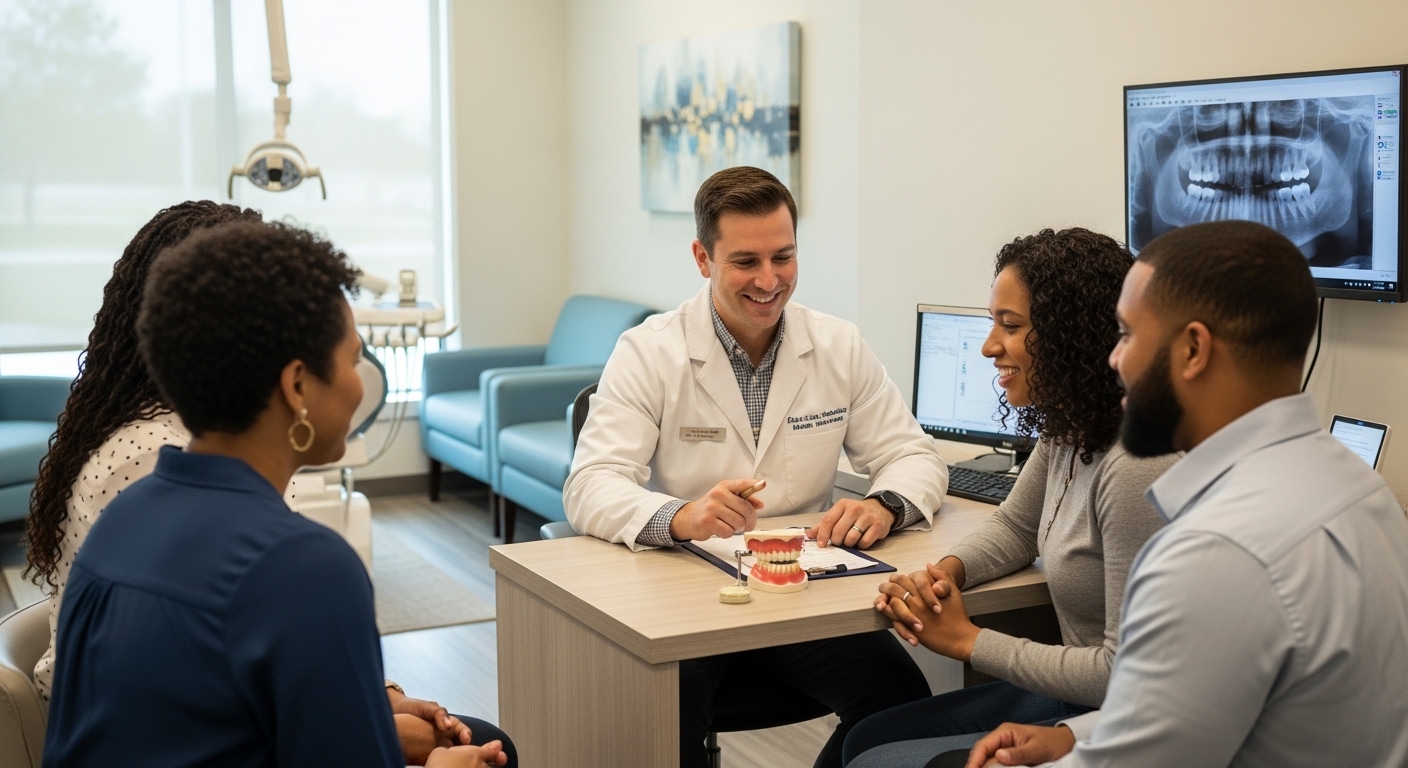 Dentist in Hannibal, Missouri consulting with a family in a modern dental office